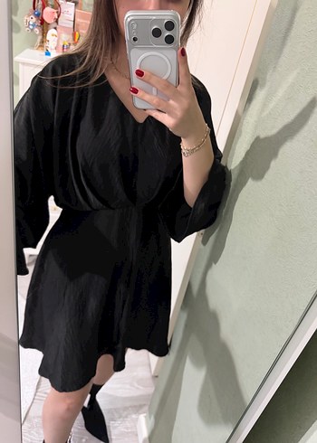 Siyah Midi V Yakalı Uzun Kollu Elbise - Görsel 4