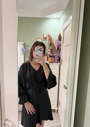 Siyah Midi V Yakalı Uzun Kollu Elbise - Görsel 2