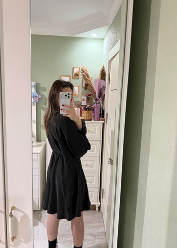 Siyah Midi V Yakalı Uzun Kollu Elbise - Görsel 5