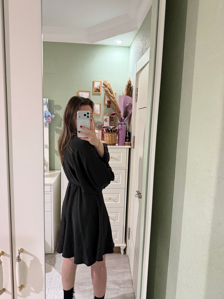 Siyah Midi V Yakalı Uzun Kollu Elbise - Görsel 5