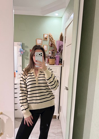 Bej Zebra Desenli Örme Kadın Kazak - Görsel 3