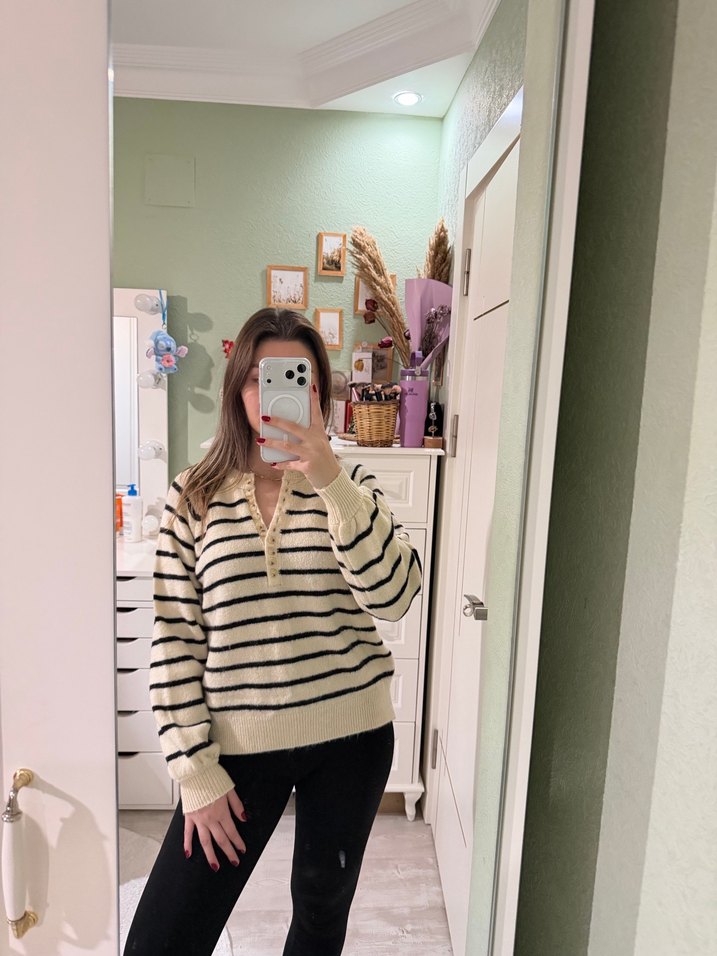 Bej Zebra Desenli Örme Kadın Kazak - Görsel 3