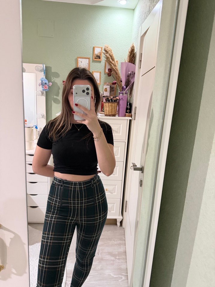 Yeşil Kareli Kadın Sigara Pantolon - Görsel 2