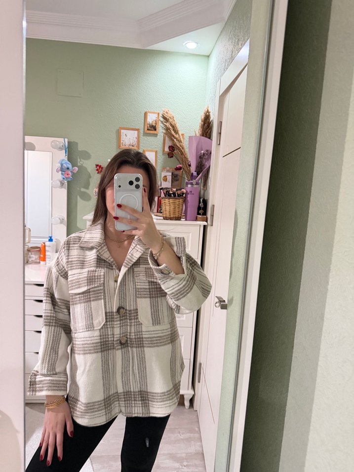 Bej Kareli Düğmeli Pamuk Ceket - Görsel 2