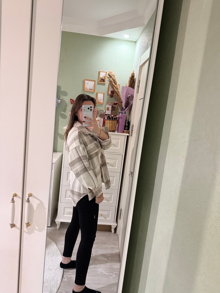 Bej Kareli Düğmeli Pamuk Ceket - Görsel 4