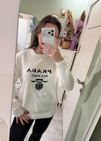 Beyaz Baskılı Kadın Triko Kazak - Görsel 3