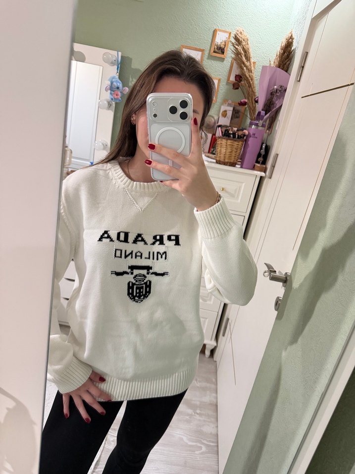 Beyaz Baskılı Kadın Triko Kazak - Görsel 3