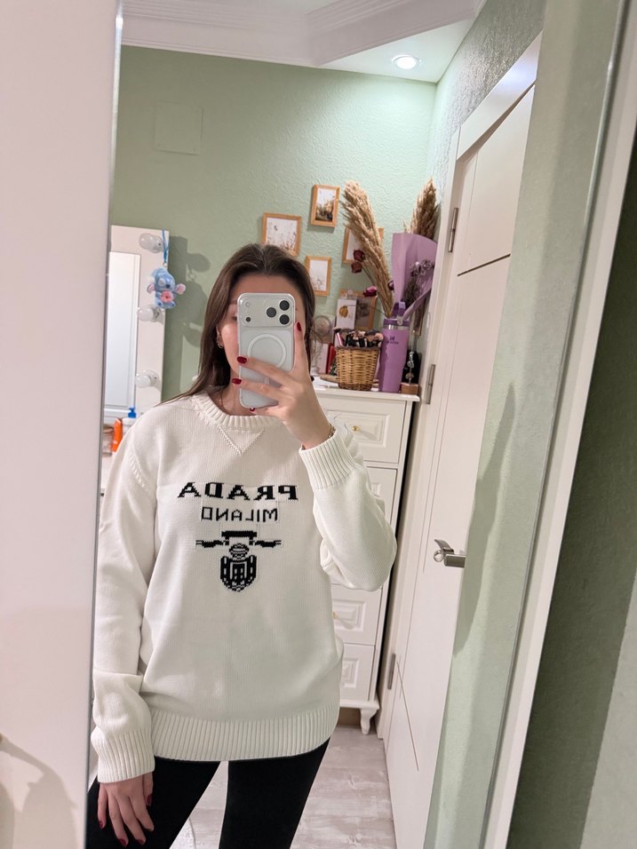 Beyaz Baskılı Kadın Triko Kazak - Görsel 2