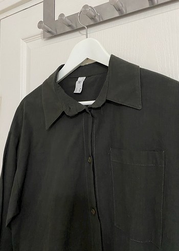 Düğmeli haki Keten Kadın Gömlek - Görsel 4