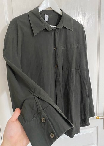 Düğmeli haki Keten Kadın Gömlek - Görsel 3