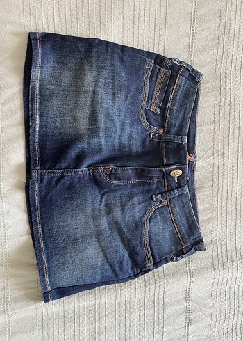 Mavi Kemer Detaylı Lacivert Denim Mini Etek