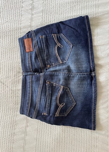s Beden Mavi Kemer Detaylı Lacivert Denim Mini Etek