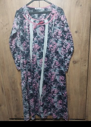 Uzun Kollu Pembe Gri Batik Desen Kadın Elbise - Görsel 4