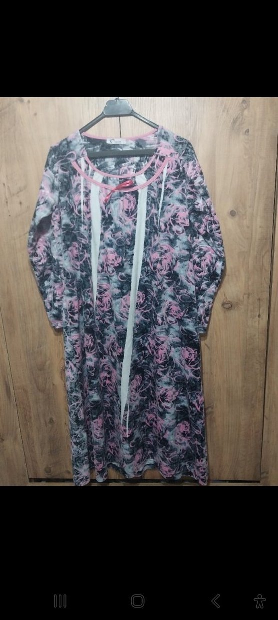 Uzun Kollu Pembe Gri Batik Desen Kadın Elbise - Görsel 4