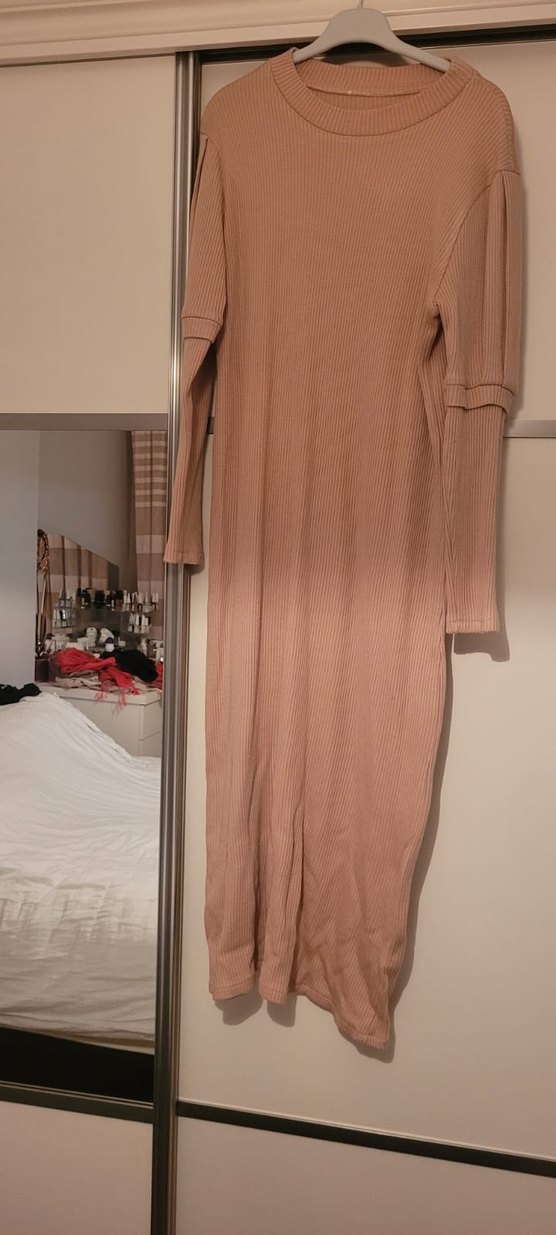 Bej Uzun Kollu Yüksek Yakalı Elbise triko elbise standart beden - Görsel 2