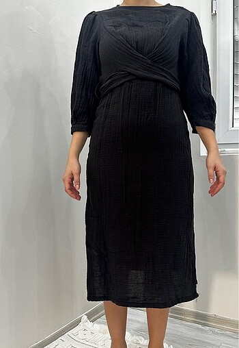 Zara SİYAH YUMUŞAK PAMUKLU-KETEN ELBİSE