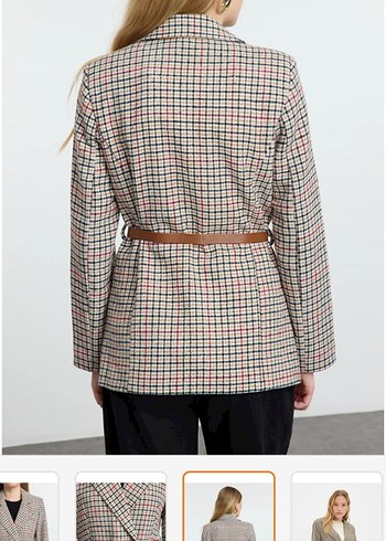 Kadın Bej Kemerli Kareli Blazer Ceket - Görsel 4