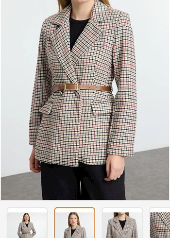 Kadın Bej Kemerli Kareli Blazer Ceket - Görsel 2