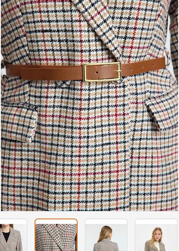 Kadın Bej Kemerli Kareli Blazer Ceket - Görsel 3