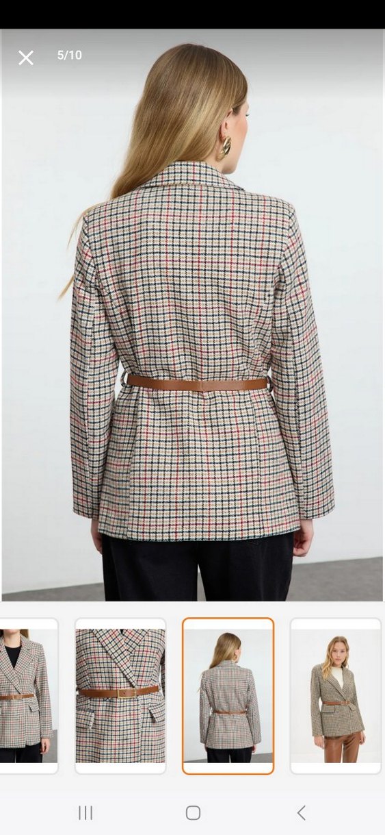 Kadın Bej Kemerli Kareli Blazer Ceket - Görsel 4