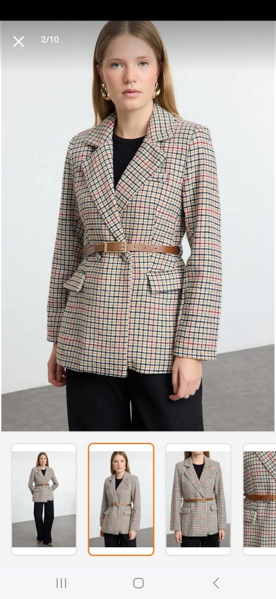 Kadın Bej Kemerli Kareli Blazer Ceket - Görsel 2