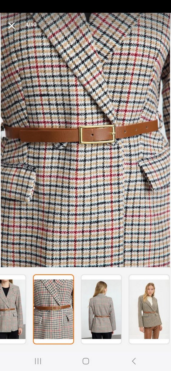 Kadın Bej Kemerli Kareli Blazer Ceket - Görsel 3