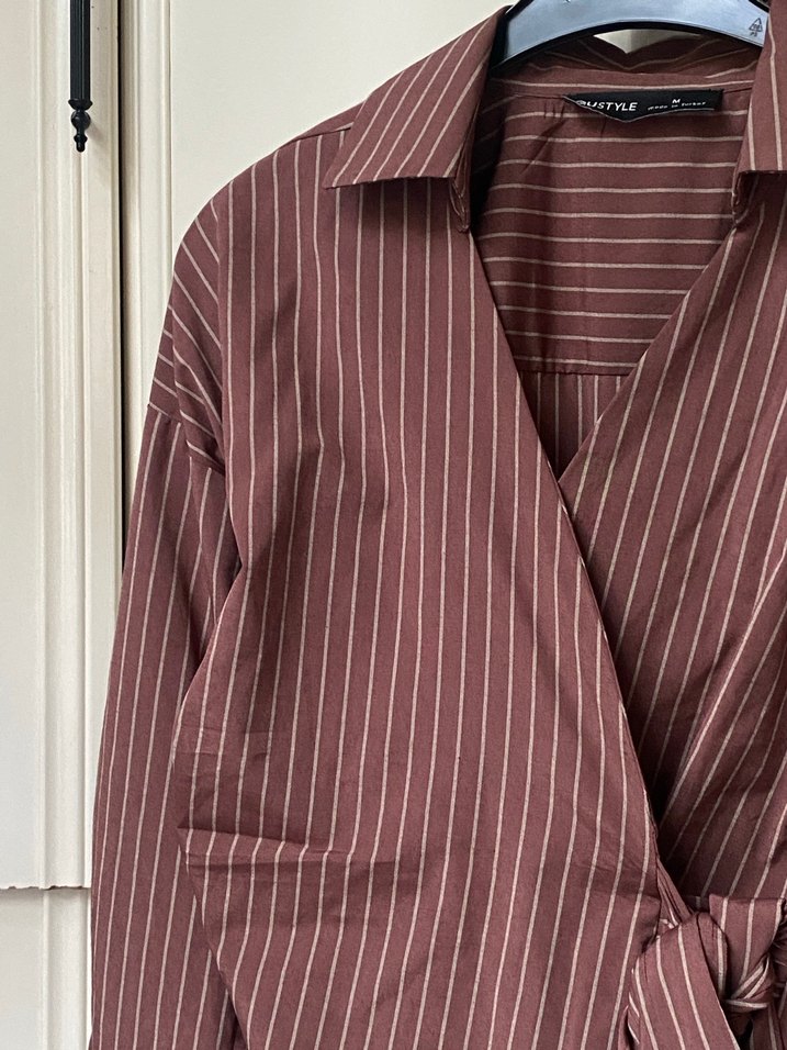 Kahverengi Çizgili, Kuşaklı Midi Bluz - Görsel 3