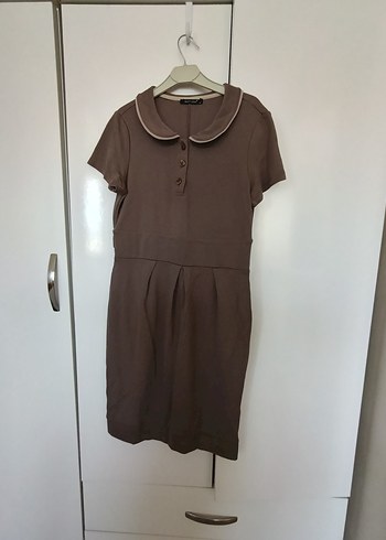 Bej Keten Midi Düğmeli Kadın Elbise - Görsel 2