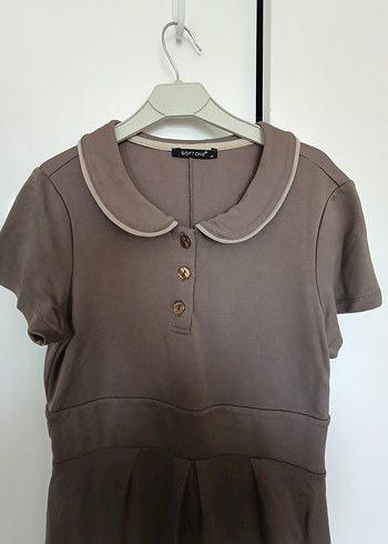 Bej Keten Midi Düğmeli Kadın Elbise - Görsel 3