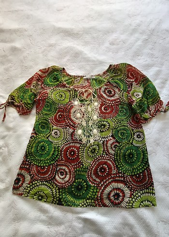 Renkli Bağcıklı Şile Bezi Bohem Bluz - Görsel 8