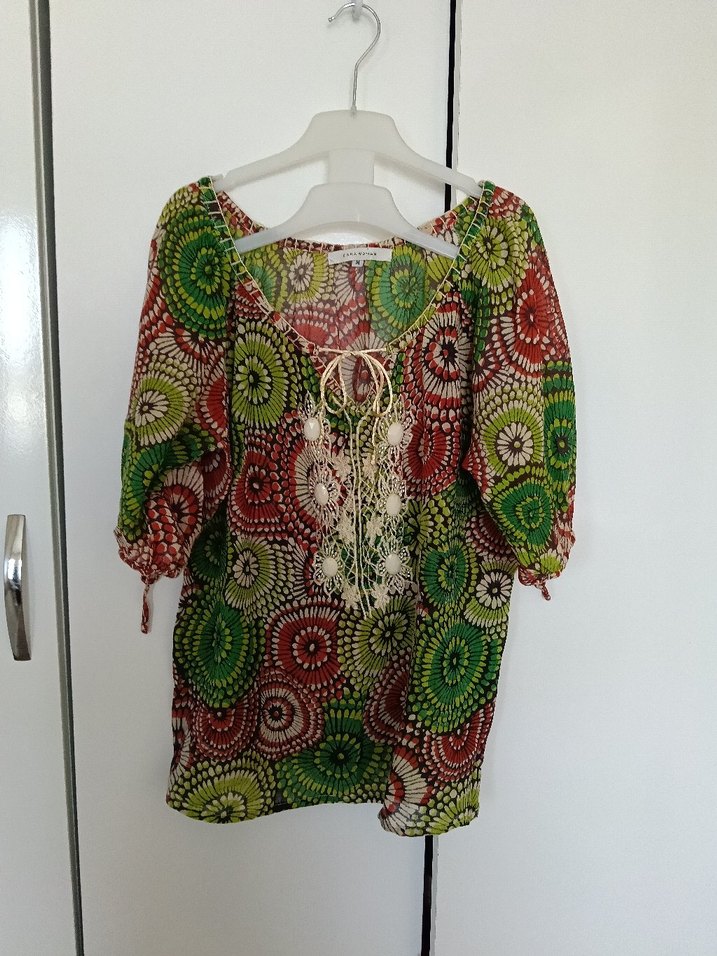 Renkli Bağcıklı Şile Bezi Bohem Bluz - Görsel 4