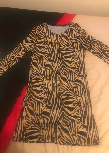 Kahverengi Zebra Desenli Uzun Kollu elbise