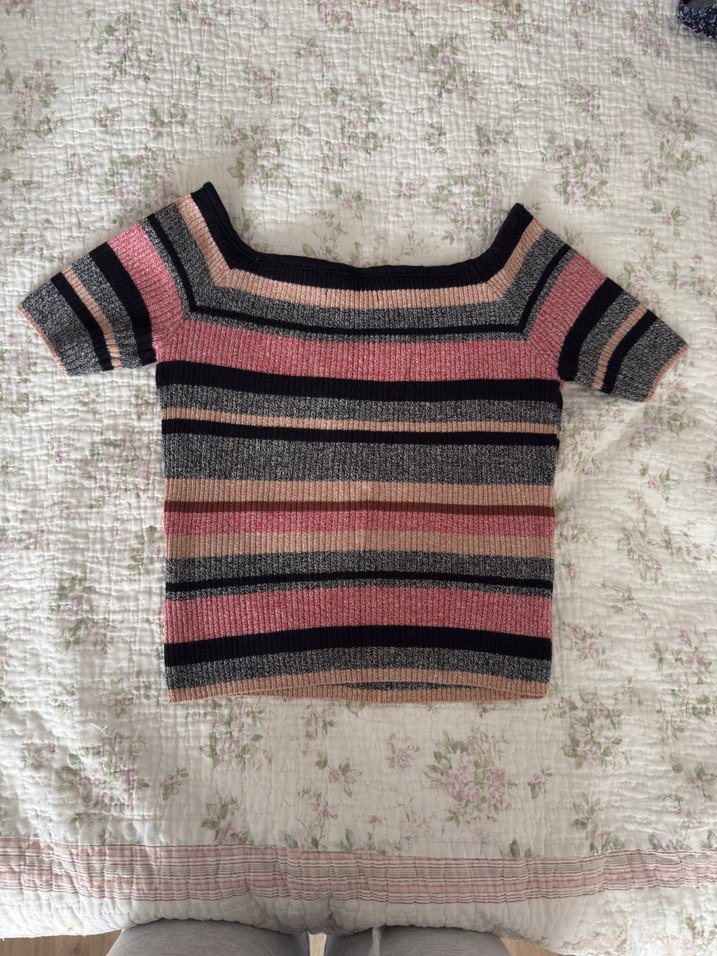 Çizgili crop Kısa Kollu Triko Kadın bluz - Görsel 2