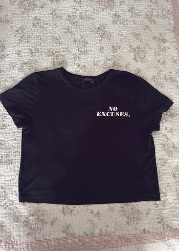 Siyah Kısa Kollu Crop Baskılı Tişört #noexcuses