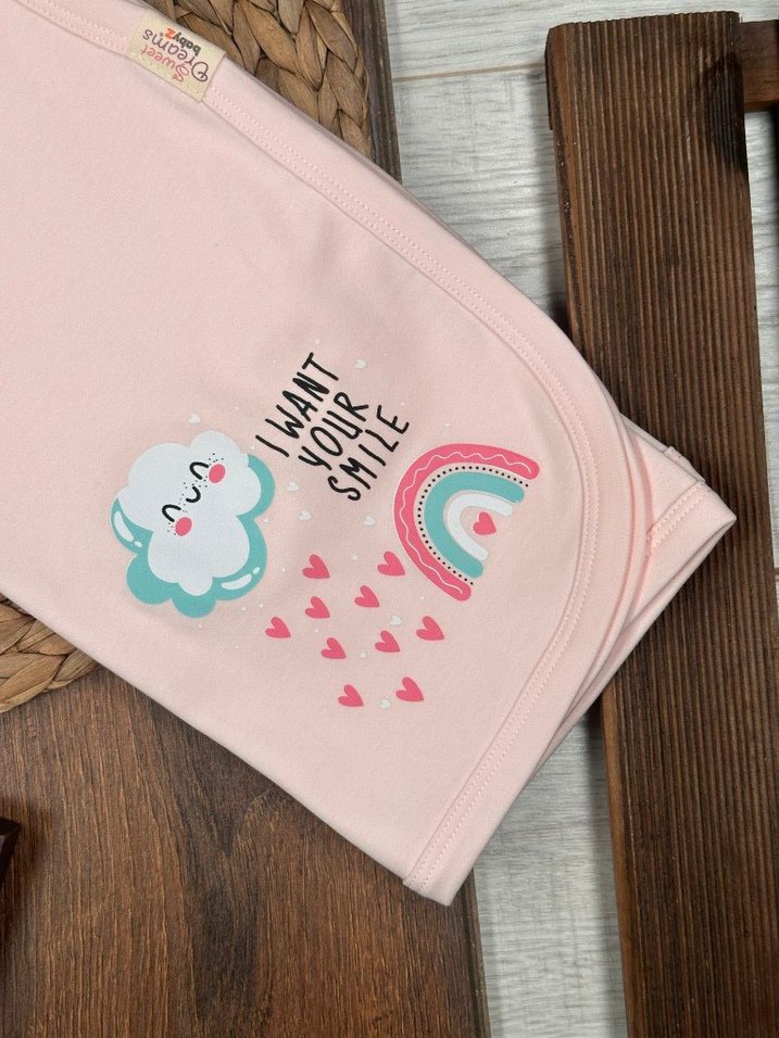 Pembe Pamuklu Baskılı Bebek Kundak Örtüsü Battaniye - Görsel 2