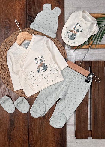 Pamuklu Panda Nakışlı Erkek Bebek Hastane Çıkış Seti - Görsel 2