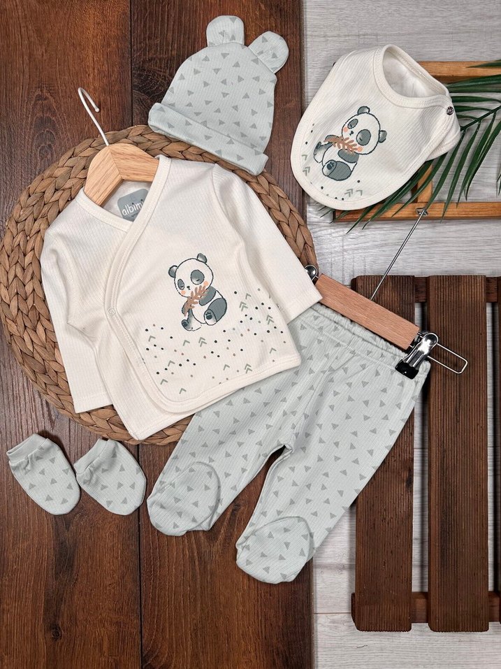 Pamuklu Panda Nakışlı Erkek Bebek Hastane Çıkış Seti - Görsel 2