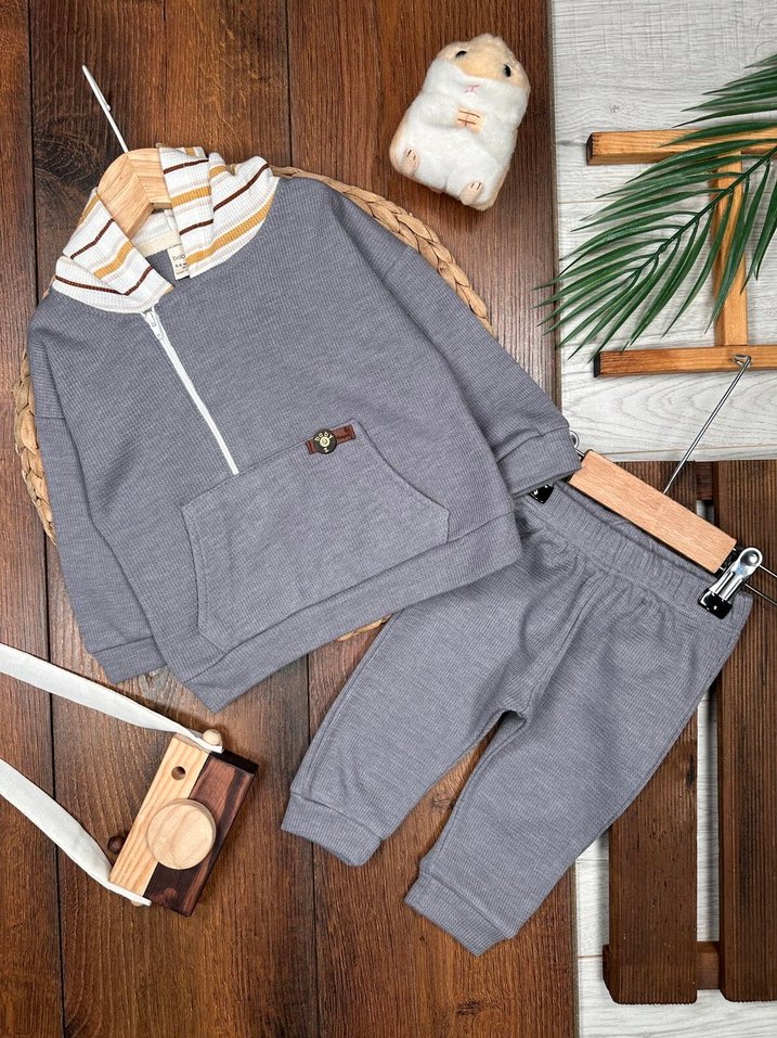 Yan Fermuar Detaylı Pamuklu Erkek Bebek Takımı 9-12 ay - Görsel 2
