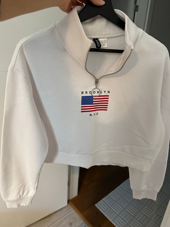 Yarım Fermuarlı Beyaz Crop Sweatshirt - Görsel 4