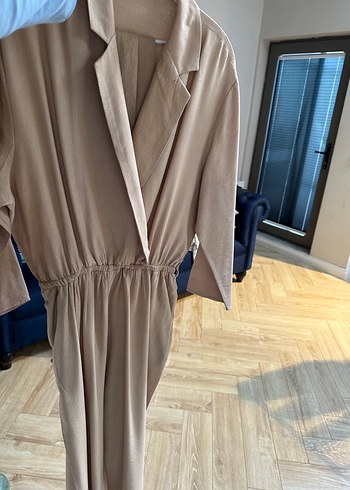 Bej Keten Kumaşlı Kadın Tulum - Görsel 3