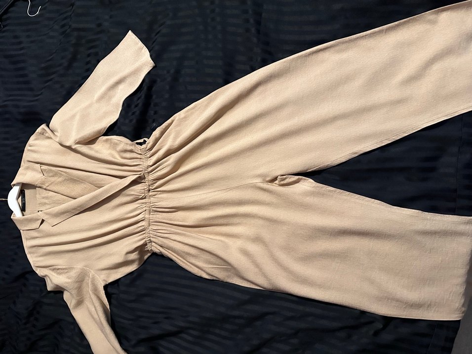 Bej Keten Kumaşlı Kadın Tulum - Görsel 2