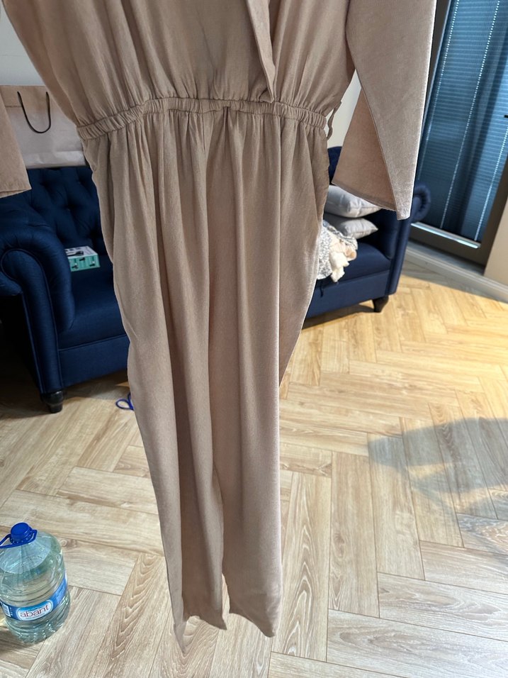 Bej Keten Kumaşlı Kadın Tulum - Görsel 4