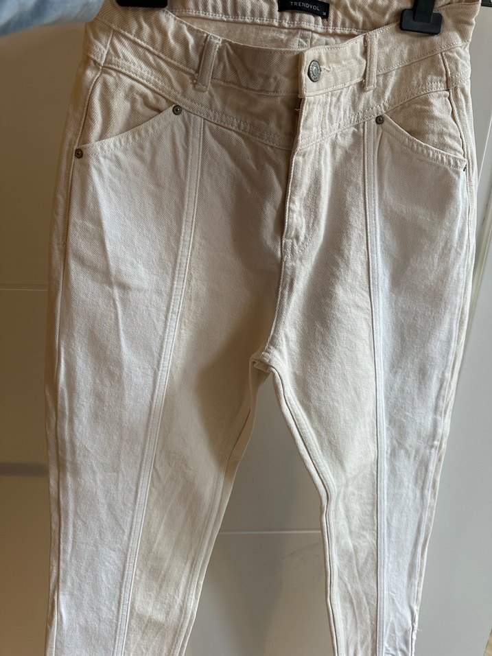 Beyaz Keten Kadın Regular Fit Pantolon - Görsel 4