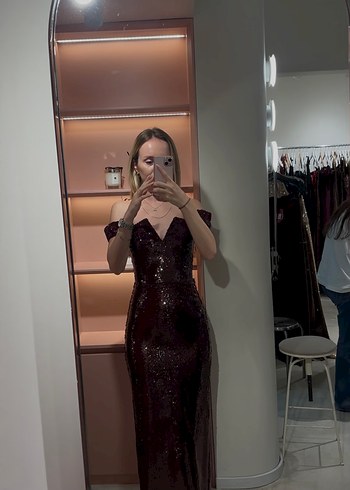 Bordo V Yaka payetli Midi Abiye Elbise