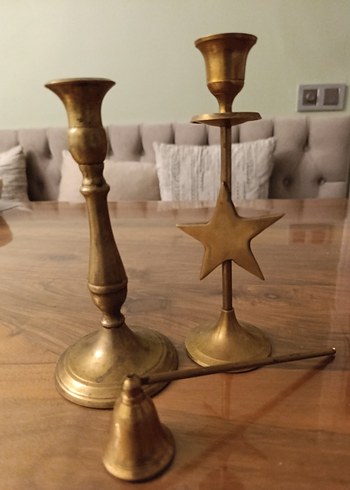 Parlak pirinç Mumluk şamdan  ve mum söndürme aleti - Görsel 3