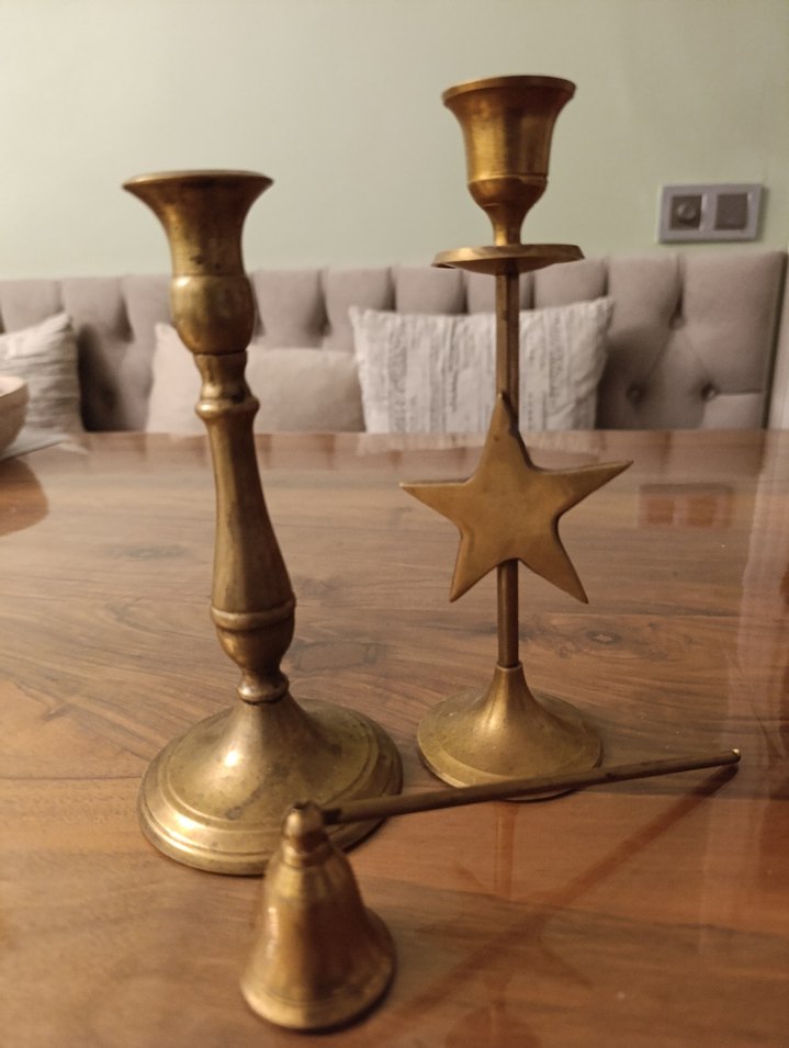 Parlak pirinç Mumluk şamdan  ve mum söndürme aleti - Görsel 2