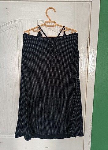 LC Waikiki Boyundan Askılı Siyah, Beyaz Puantiyeli XXL Şık Elbise 