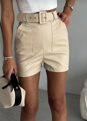 Krem Rengi Mini Deri Şort - Görsel 5