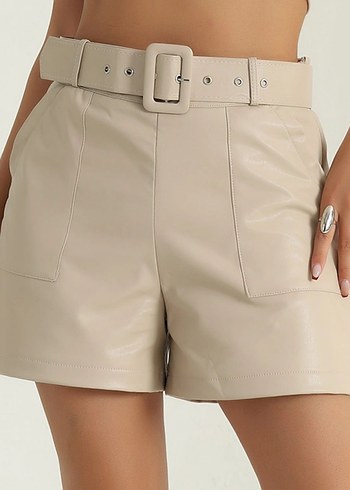 Krem Rengi Mini Deri Şort - Görsel 3