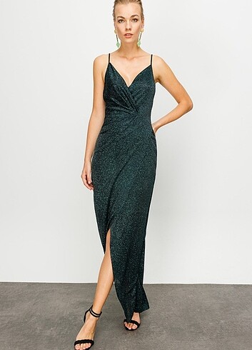 Zümrüt Yeşili Kromatik Simli Abiye - Görsel 2